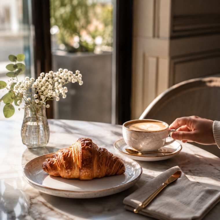 Croissant et cappuccino sur une table en marbre
