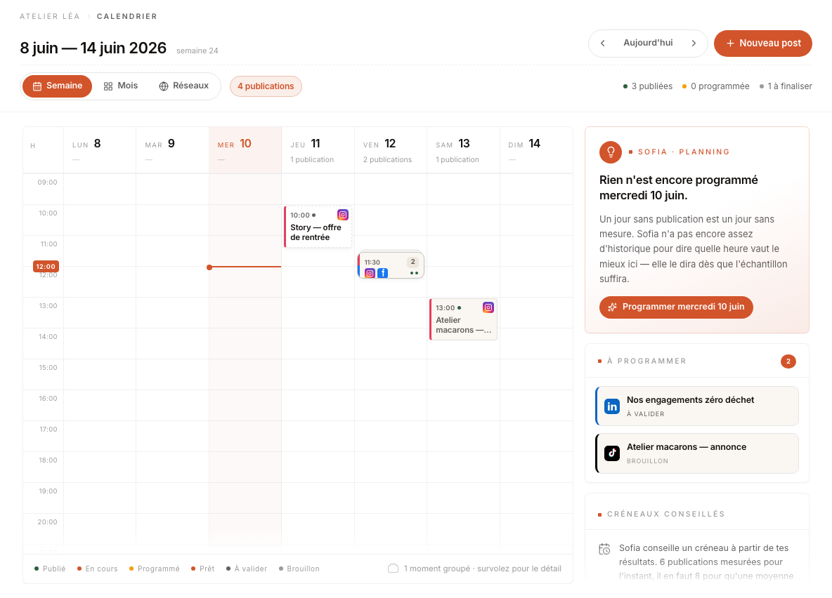 Le calendrier de Sofia : une semaine de publications programmées sur les cinq réseaux, avec le créneau qu'elle conseille.